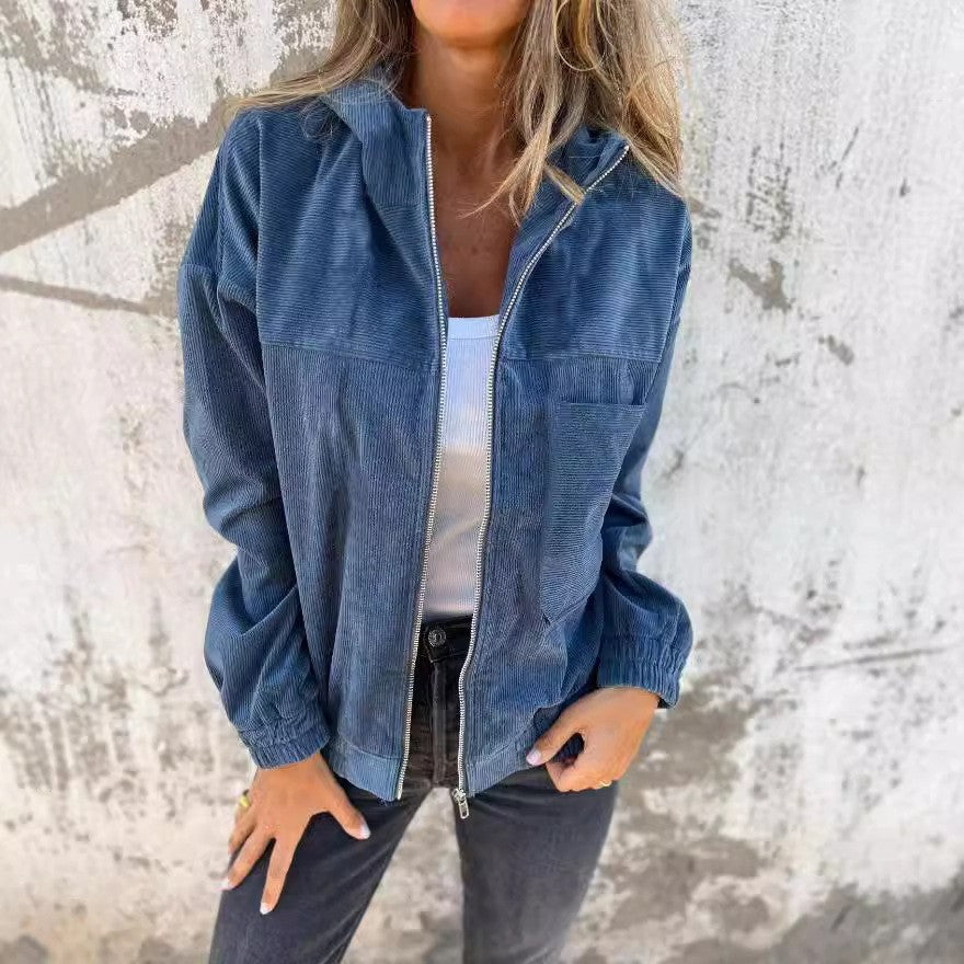 Women's fine corduroy transitional jacket with hood, zipper, elastic cuffs, and side insert pockets Mune Fashion