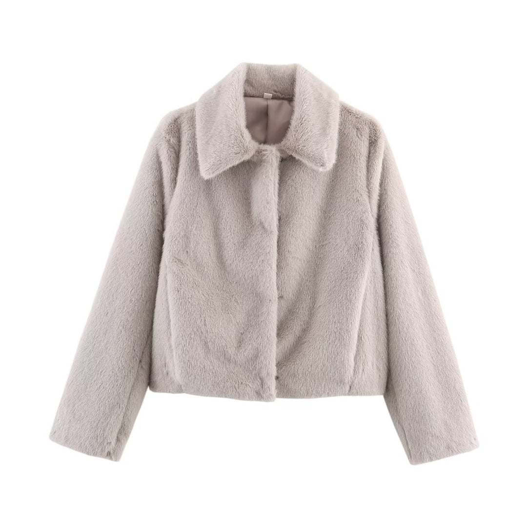 Women's short-cut faux fur jacket with notched collar, soft inner lining, and cool cropped silhouette Mune Fashion