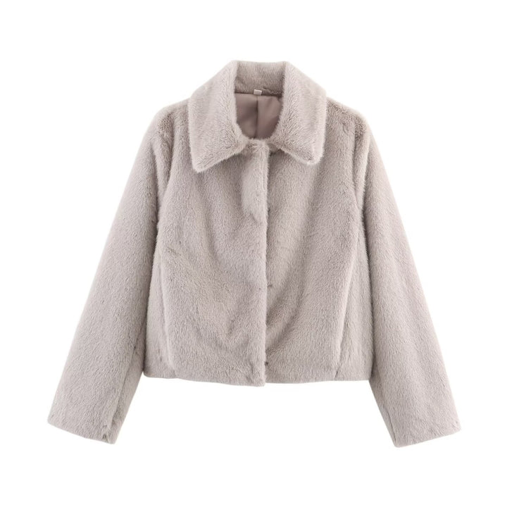 Women's short-cut faux fur jacket with notched collar, soft inner lining, and cool cropped silhouette Mune Fashion