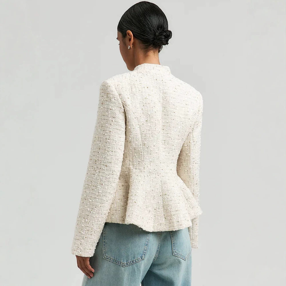 Women's Boucle Blazer with Stand Collar and Fitted Peplum Silhouette Mune Fashion