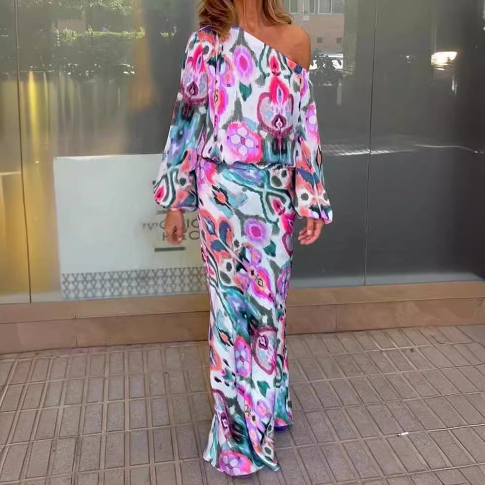 Women's maxi dress with asymmetric one-shoulder, flowing satin and bell sleeves Drune