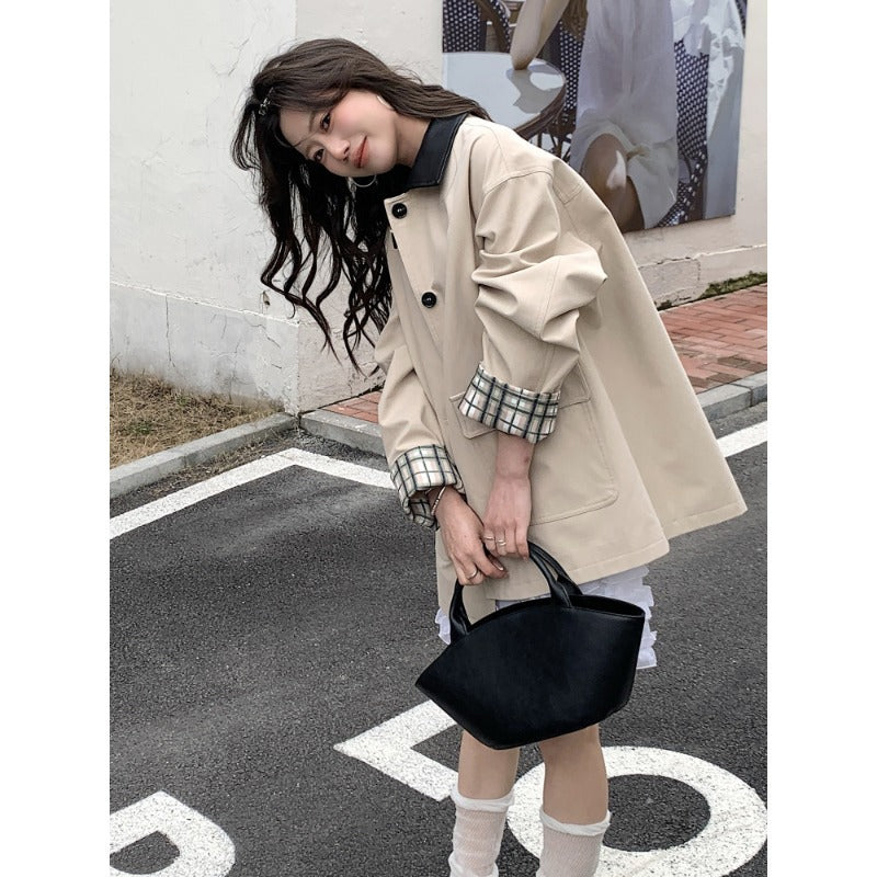 Women's Short Boxy Trench with Contrasting Lapel, Checked Sleeve Trim, and Applied Flap Pockets Mune Fashion