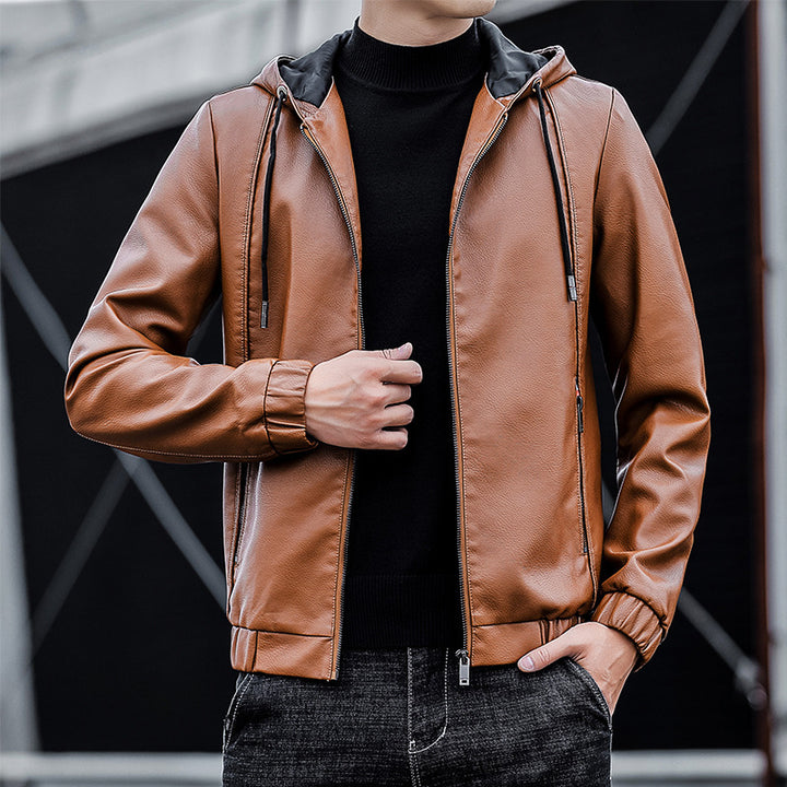 Men's Stylish Faux Leather Hoodie Jacket Mune Fashion