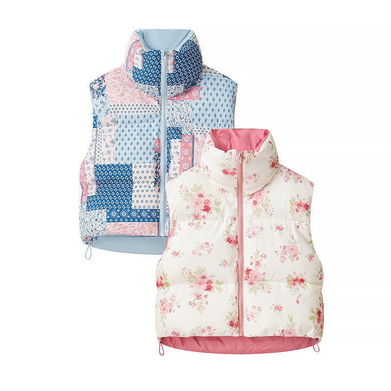 Women short cut quilted vest with stand-up collar and floral pattern Mune Fashion