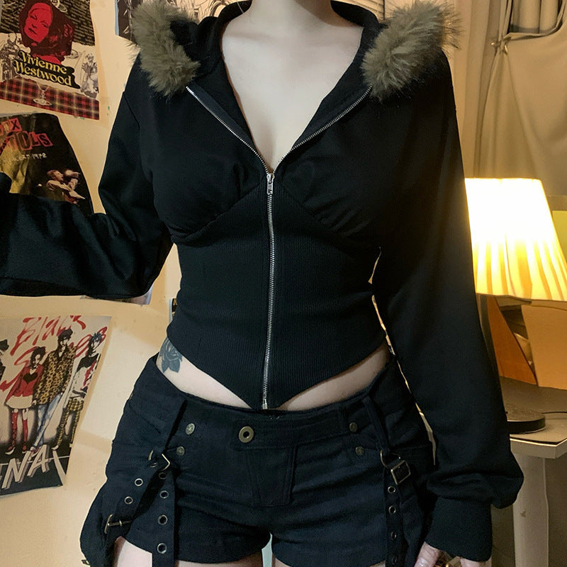 Women's Short-Fit Hoodie with Shaping Rib Corsage and Full-Length Zipper Mune Fashion