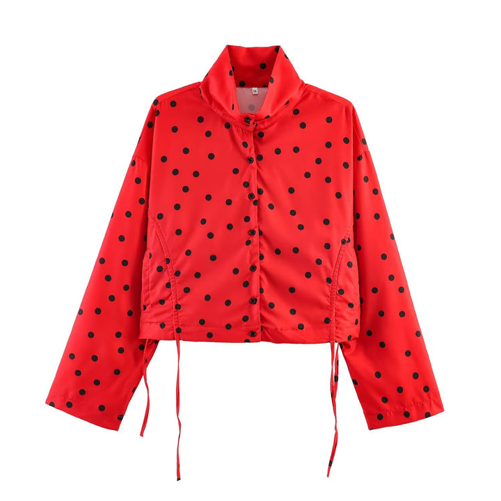 Women's Polka Dot Cropped Utility Jacket with Stand Collar and Drawstring Mune Fashion