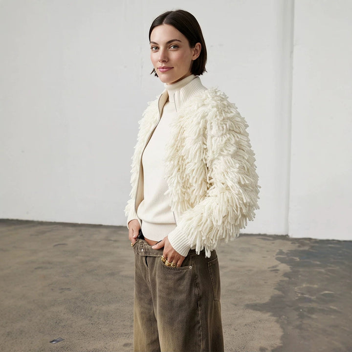 Women's short cardigan with fluffy bouclé look, zipper and wide ribbed hem Mune Fashion