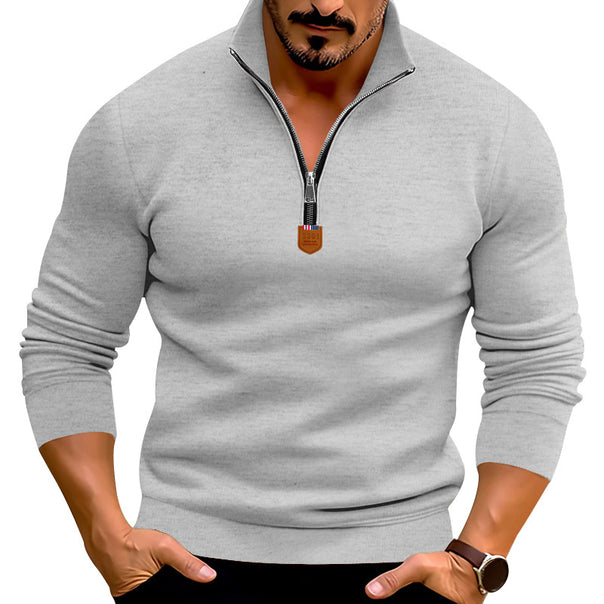 Men's narrow cut fine knit pullover with short zipper, shaping seams, and stretch waistband Mune Fashion
