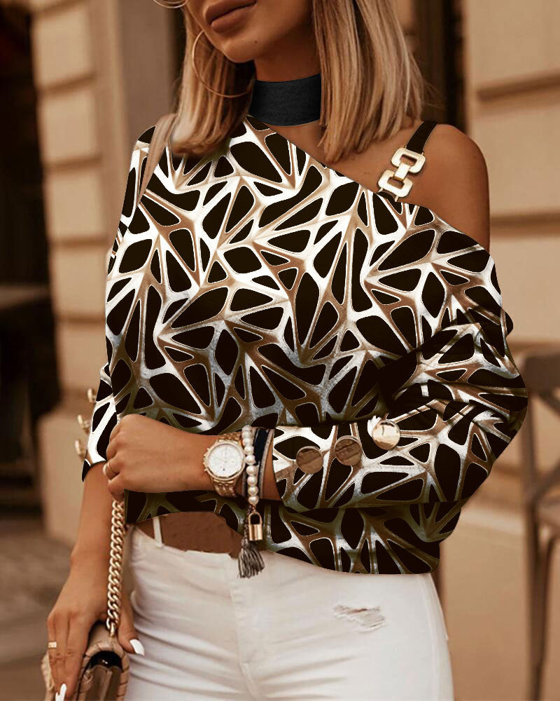 Women's Asymmetrical Off-Shoulder Long Sleeve Shirt with Choker Collar and Shoulder Straps Mune Fashion
