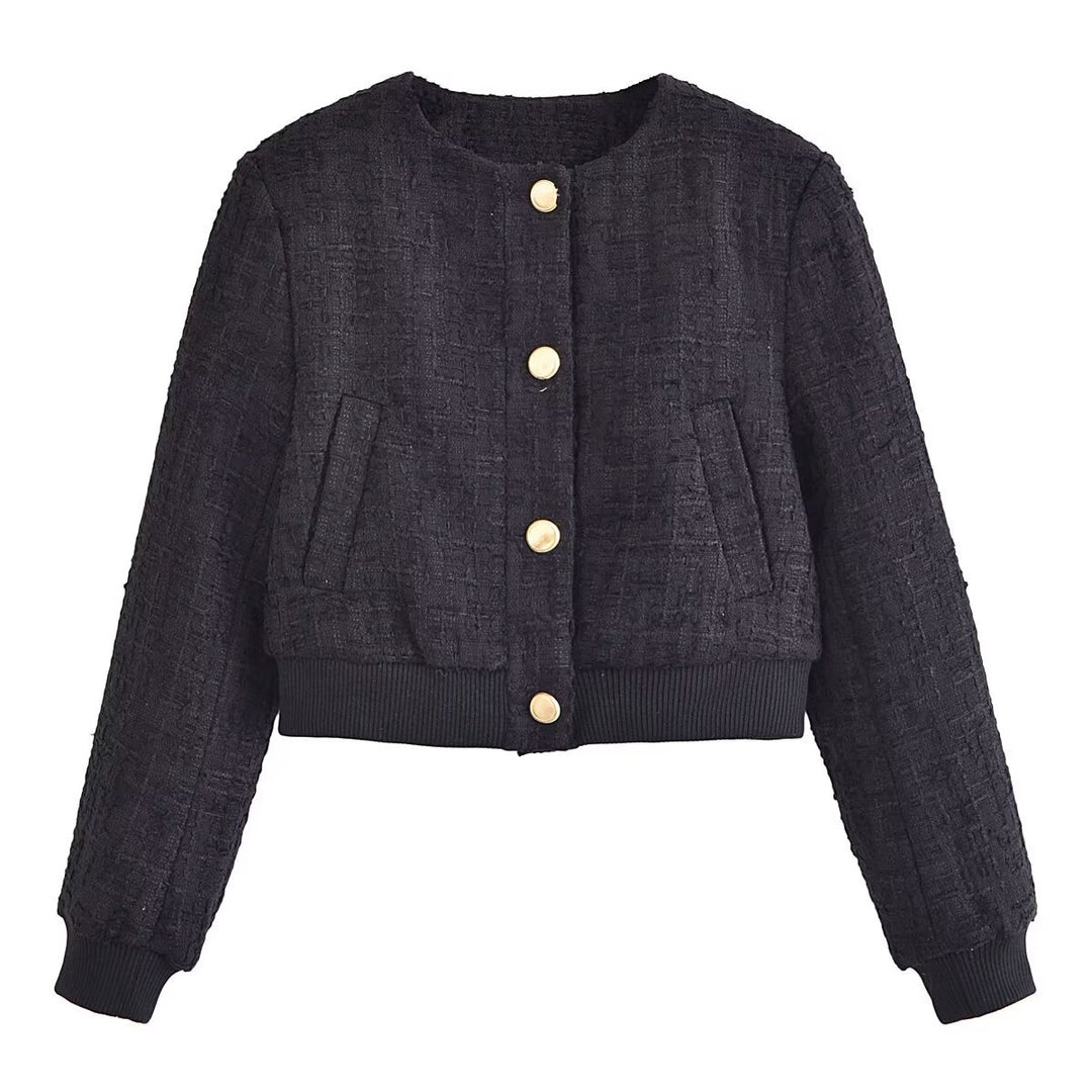 Women's tailored boucle blazer with round neckline and gold-colored press studs Mune Fashion
