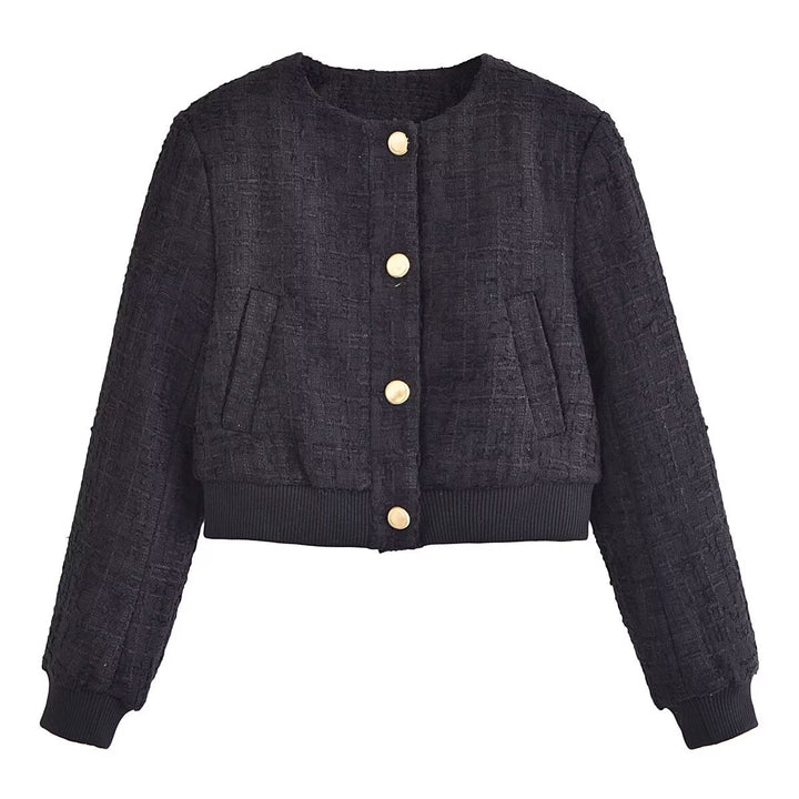 Women's tailored boucle blazer with round neckline and gold-colored press studs Mune Fashion