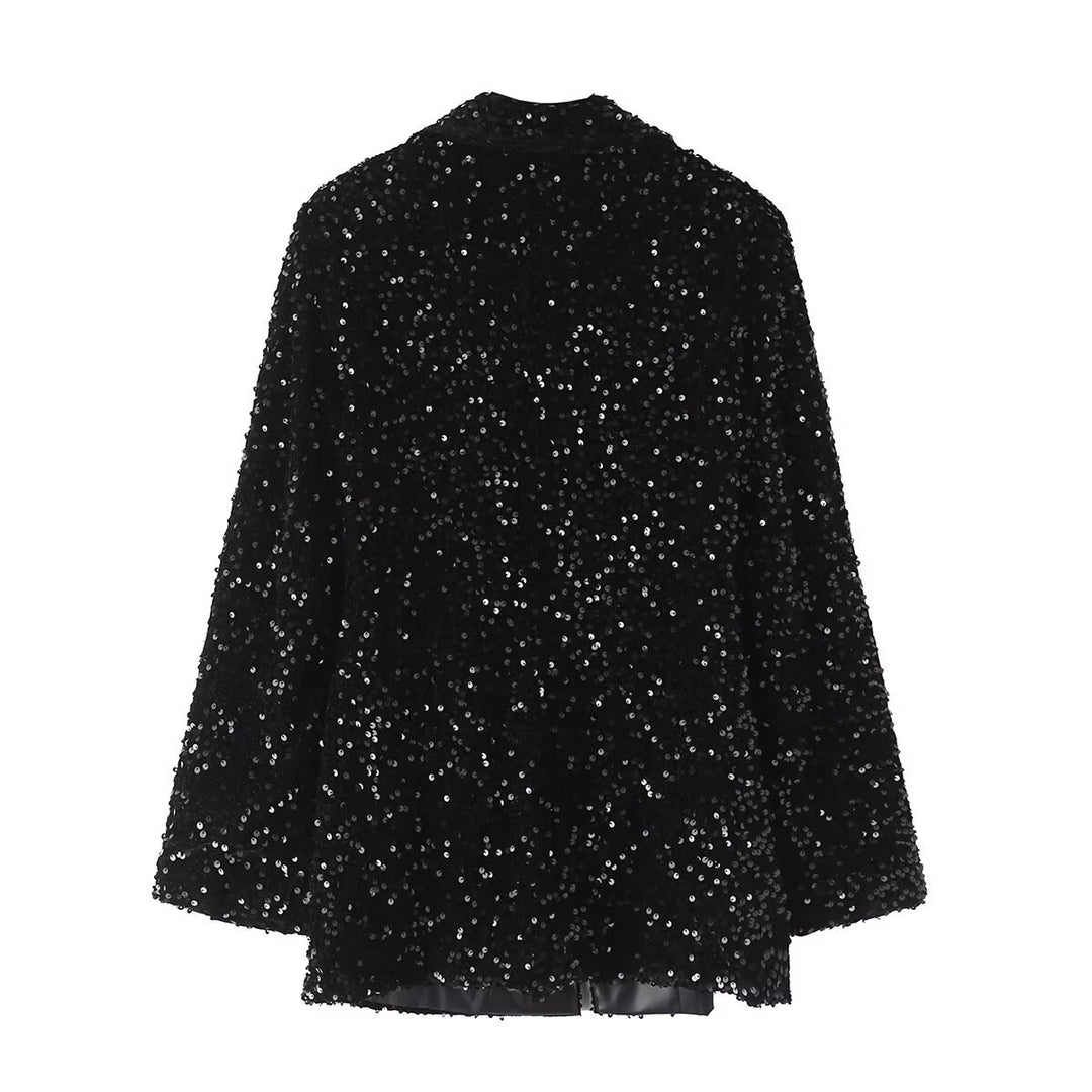 Women's glittering sequin blazer coat with wide shawl collar, satin lapel and adjustable waist belt Mune Fashion