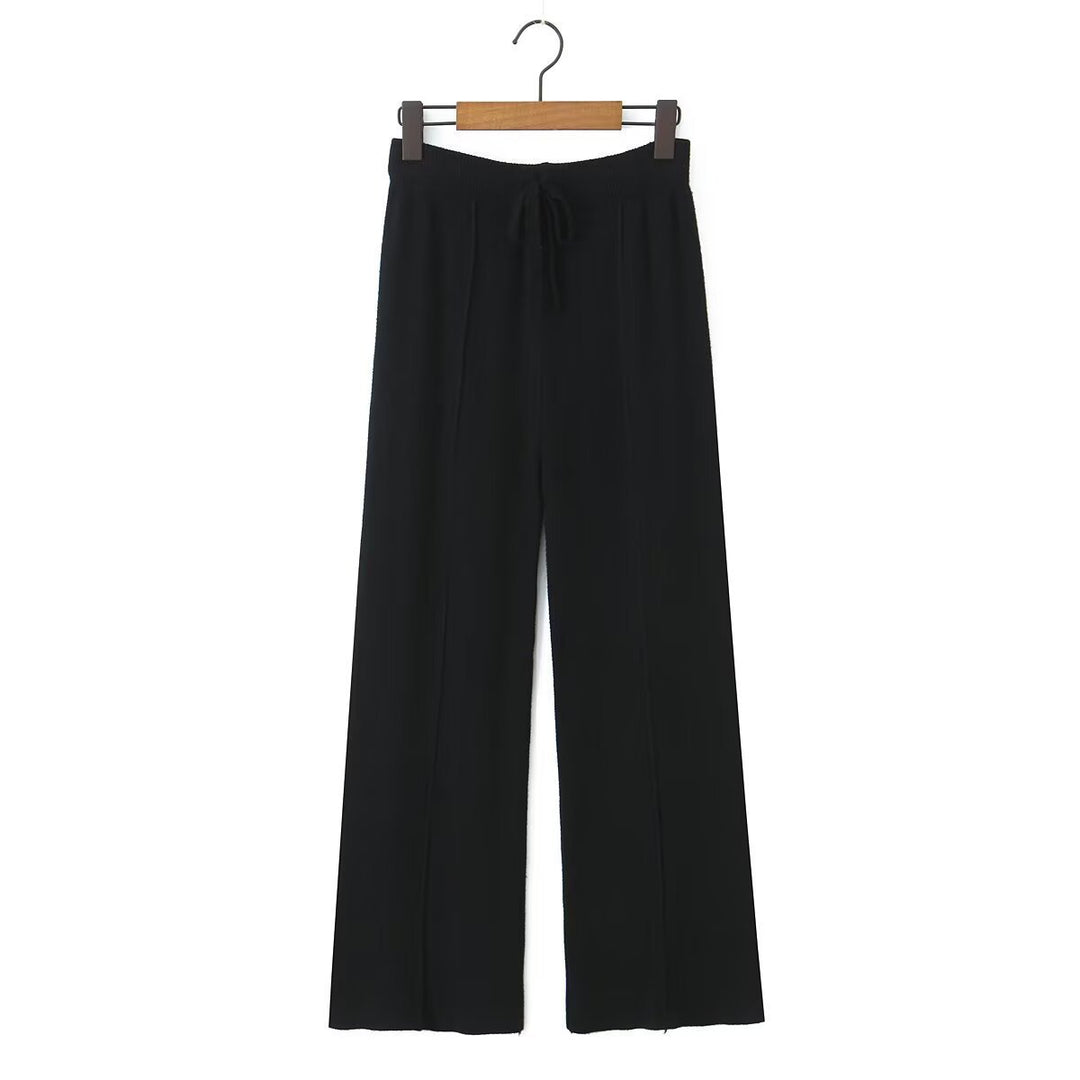 Women Wide Knit Trousers with Ribbed Waistband, Drawstring and Crease Mune Fashion