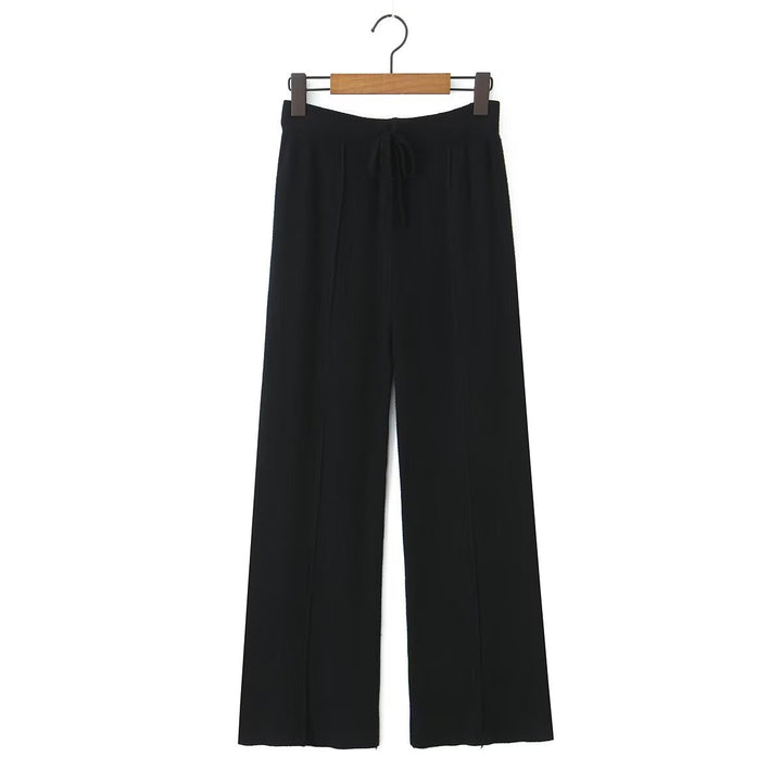 Women Wide Knit Trousers with Ribbed Waistband, Drawstring and Crease Mune Fashion