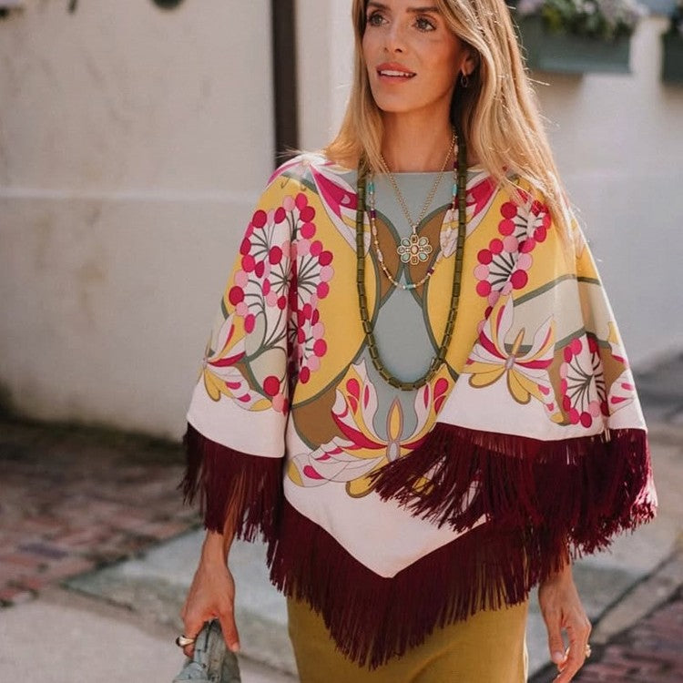 Ladies Silk Print Poncho with Retro Floral Pattern and Long Fringes Mune Fashion