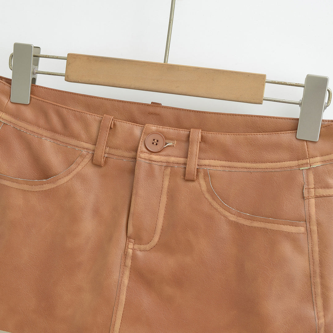 Ladies High-Waisted Faux Leather Mini Skirt with Decorative Seams and Belt Loops Mune Fashion