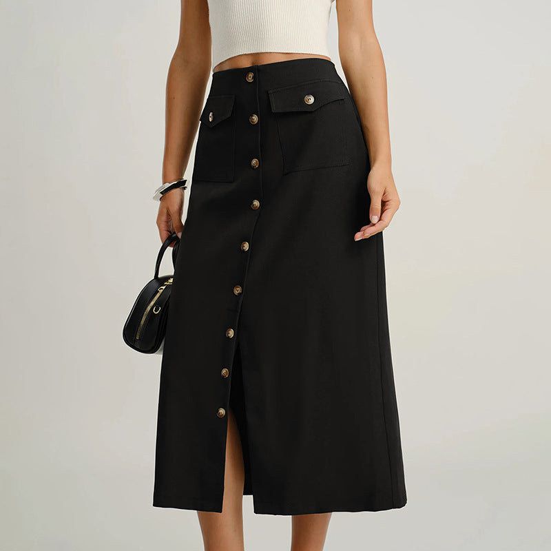 Women's midi skirt with continuous button placket, high waist and patch pockets Mune Fashion