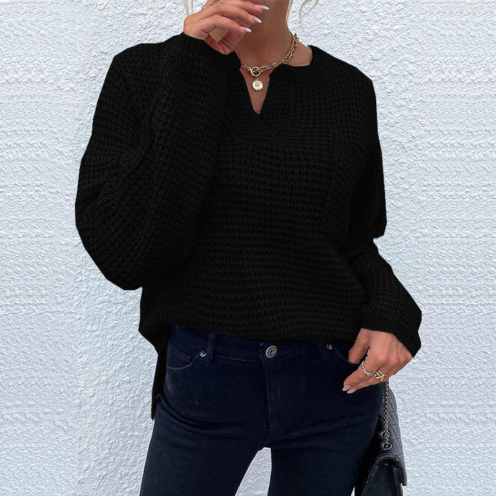 Women's Waffle Knit Sweater with V-Slit, Oversized Cut and Balloon Sleeves Mune Fashion