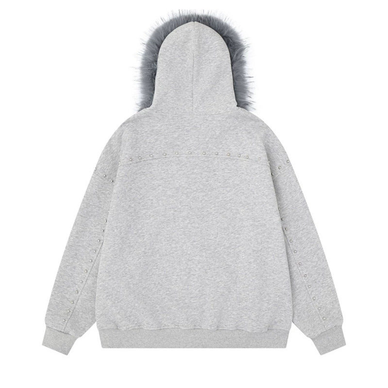 Women's hooded sweat jacket with faux fur trim, leopard lining and decorative studs Mune Fashion