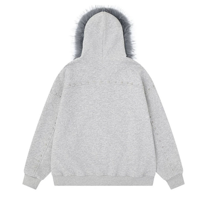 Women's hooded sweat jacket with faux fur trim, leopard lining and decorative studs Mune Fashion