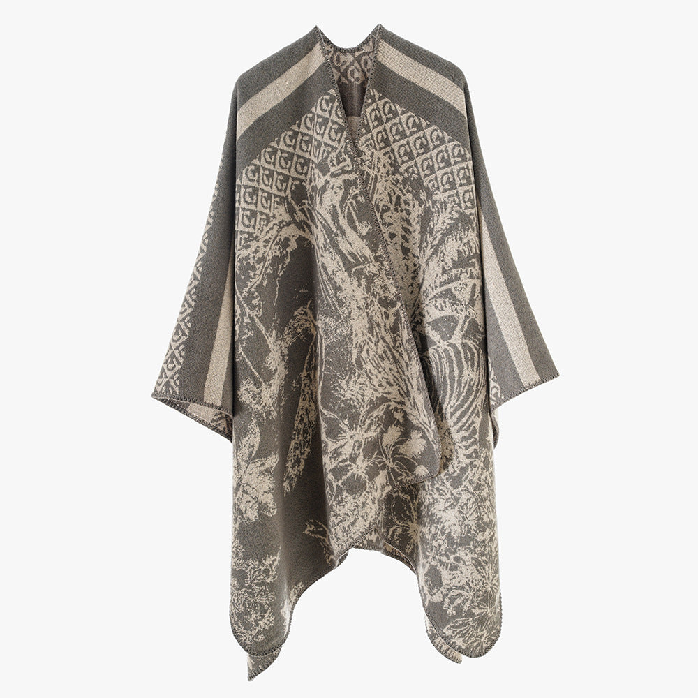 Women's Luxurious Jacquard Pattern Poncho with Asymmetrical Pointed Hem