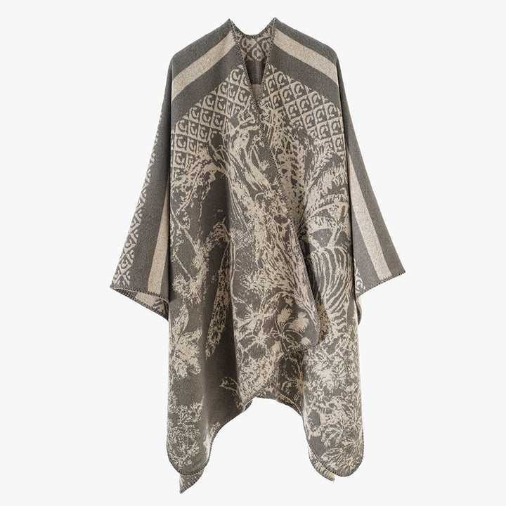 Women's Luxurious Jacquard Pattern Poncho with Asymmetrical Pointed Hem