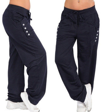 Women's wide leisure harem pants with drawstring and decorative button plackets Mune Fashion