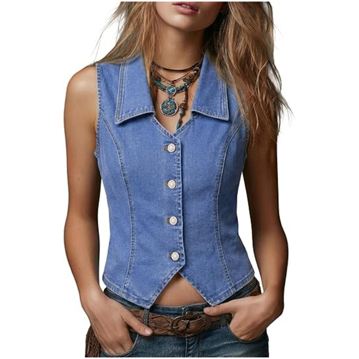 Women's Tailored Denim Vest with Pointed Hem and Button Placket Mune Fashion