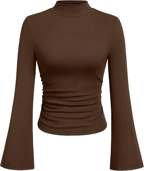 Women's Ribbed Long Sleeve Top with Stand-Up Collar, Trumpet Sleeves, and Fitted Cut Mune Fashion