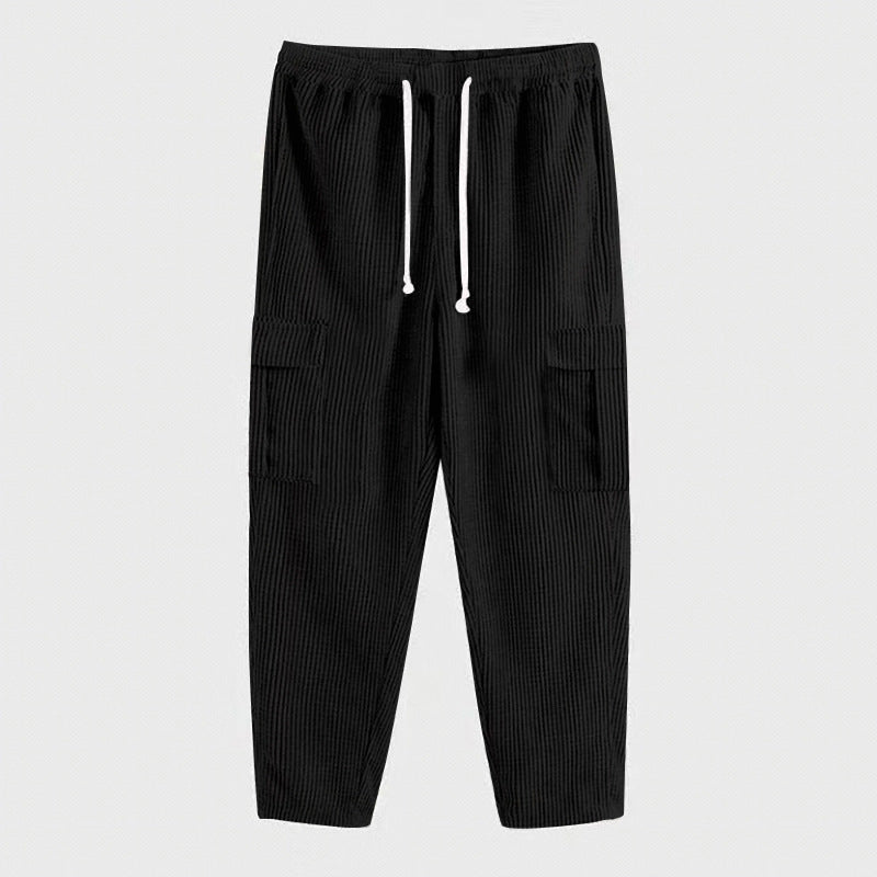 Men's corduroy cargo pants with elastic waistband, drawstring & applied flap pockets Mune Fashion