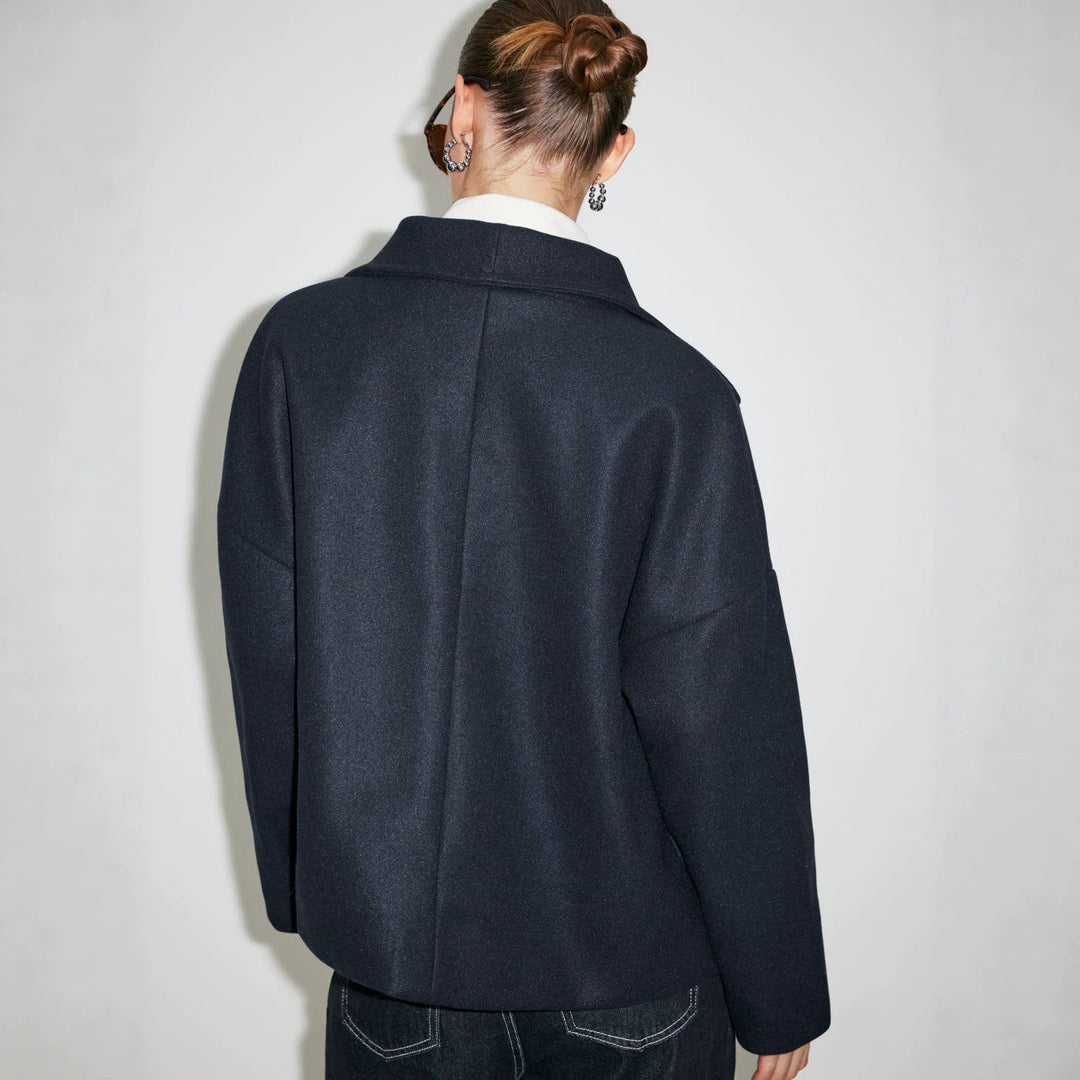 Women Double-breasted Short Coat with Stand-up Collar, Dropped Shoulder and Clear Boxy Silhouette Drune