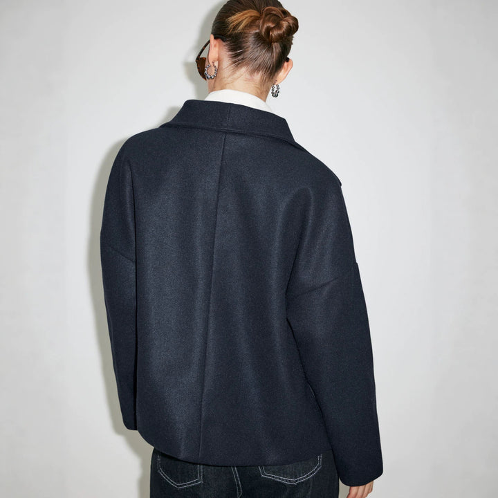 Women Double-breasted Short Coat with Stand-up Collar, Dropped Shoulder and Clear Boxy Silhouette Drune