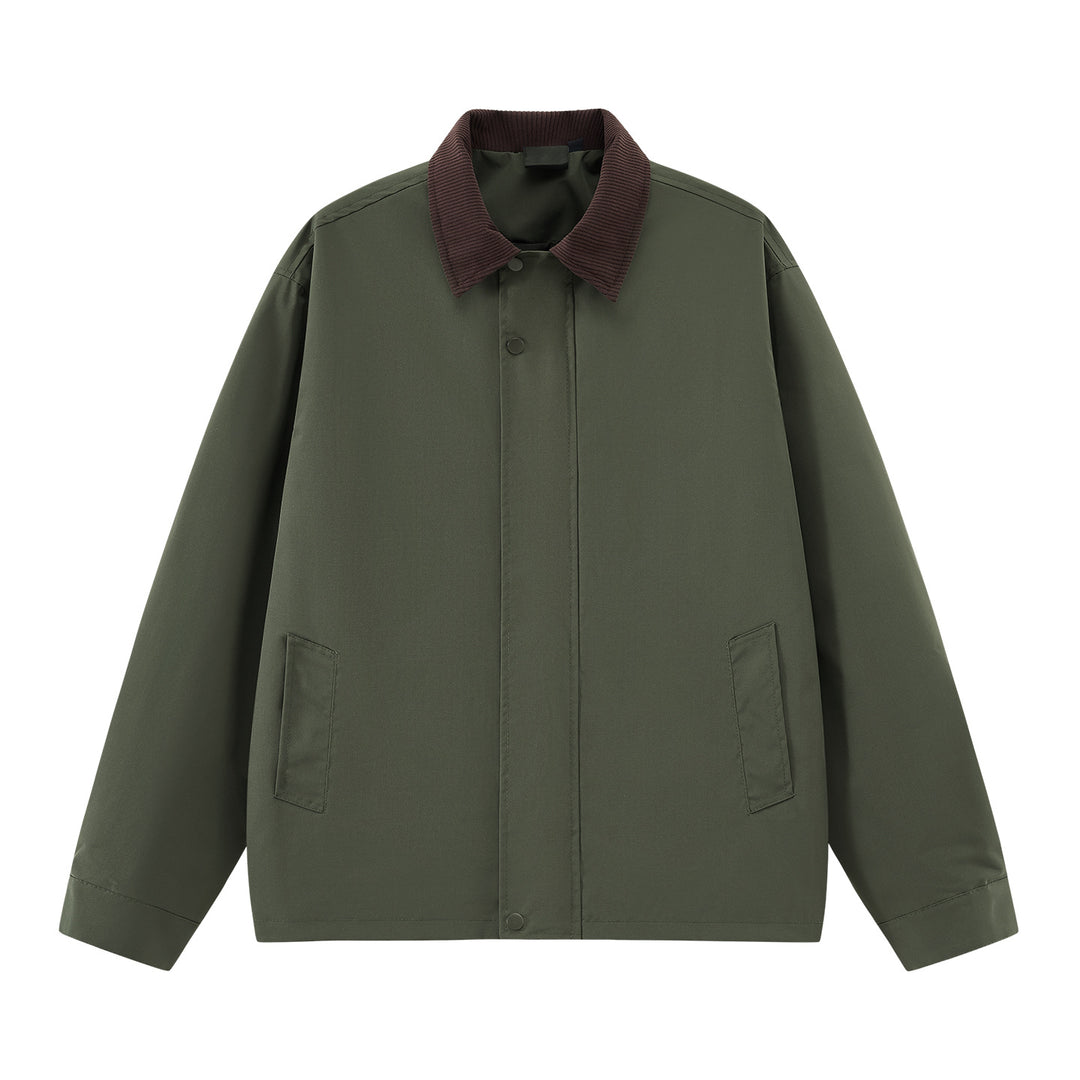 Men's loosely cut transitional jacket with cord collar, concealed snap button placket & side pockets Mune Fashion