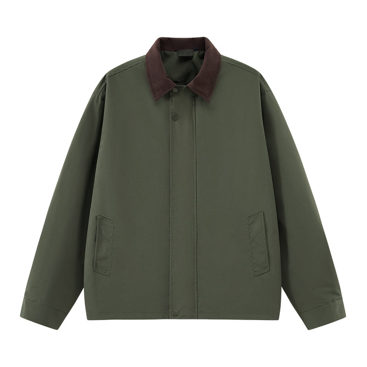Men's loosely cut transitional jacket with cord collar, concealed snap button placket & side pockets Mune Fashion