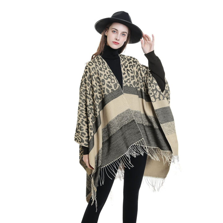Women's Oversized Ruana with Leo Jacquard, fringes, and soft wool blend Mune Fashion