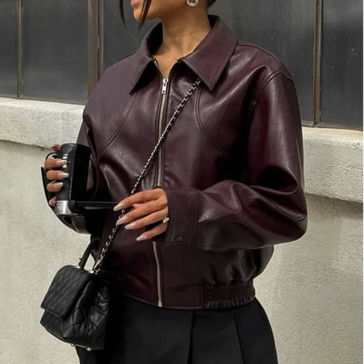 Women's classic Harrington faux leather jacket with shirt collar, full-length zipper, and elastic hem Mune Fashion