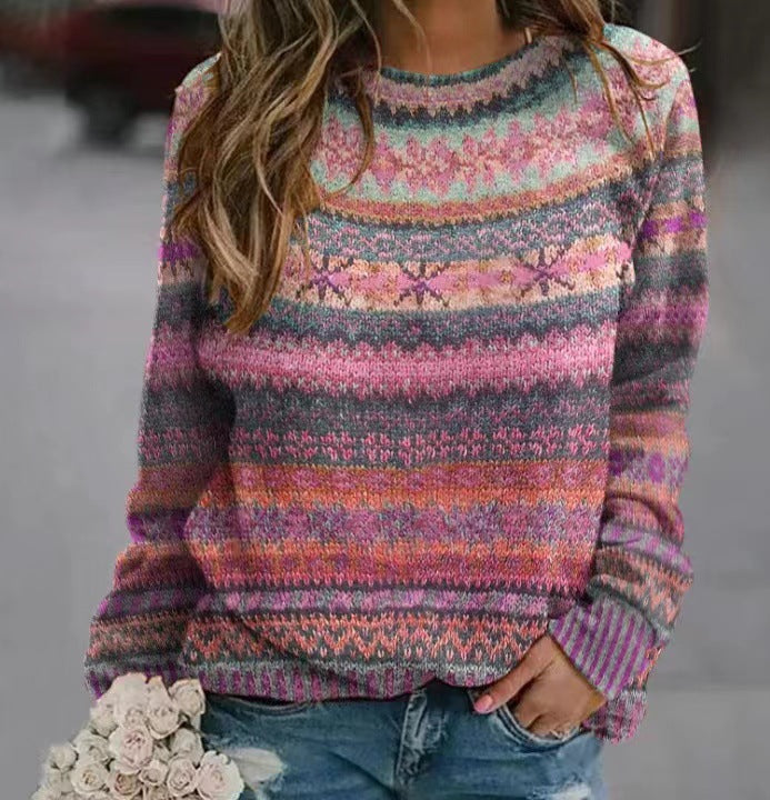 Women's patterned knit sweater with round neck, Fair Isle pattern, and casual oversized fit Mune Fashion