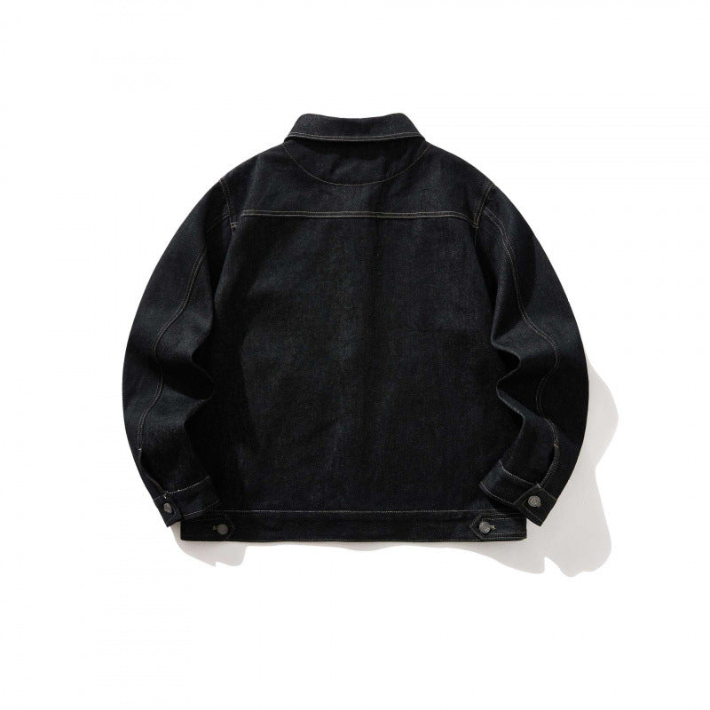 Men's short-cut denim worker jacket with boxy silhouette, contrast seams, and round pockets Mune Fashion