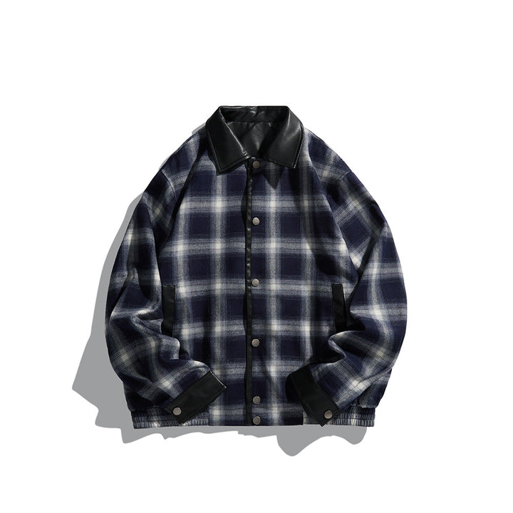 Men's Checkered Overshirt Jacket made of Flannel with Faux Leather Details and Snap Button Placket Mune Fashion