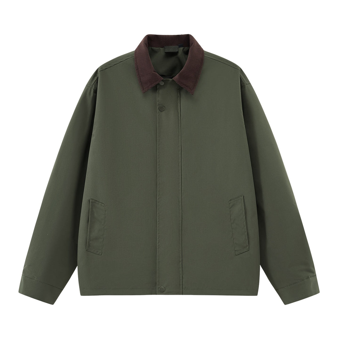 Men's loosely cut transitional jacket with cord collar, concealed snap button placket & side pockets Mune Fashion