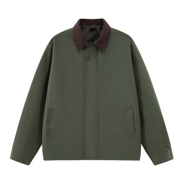 Men's loosely cut transitional jacket with cord collar, concealed snap button placket & side pockets Mune Fashion