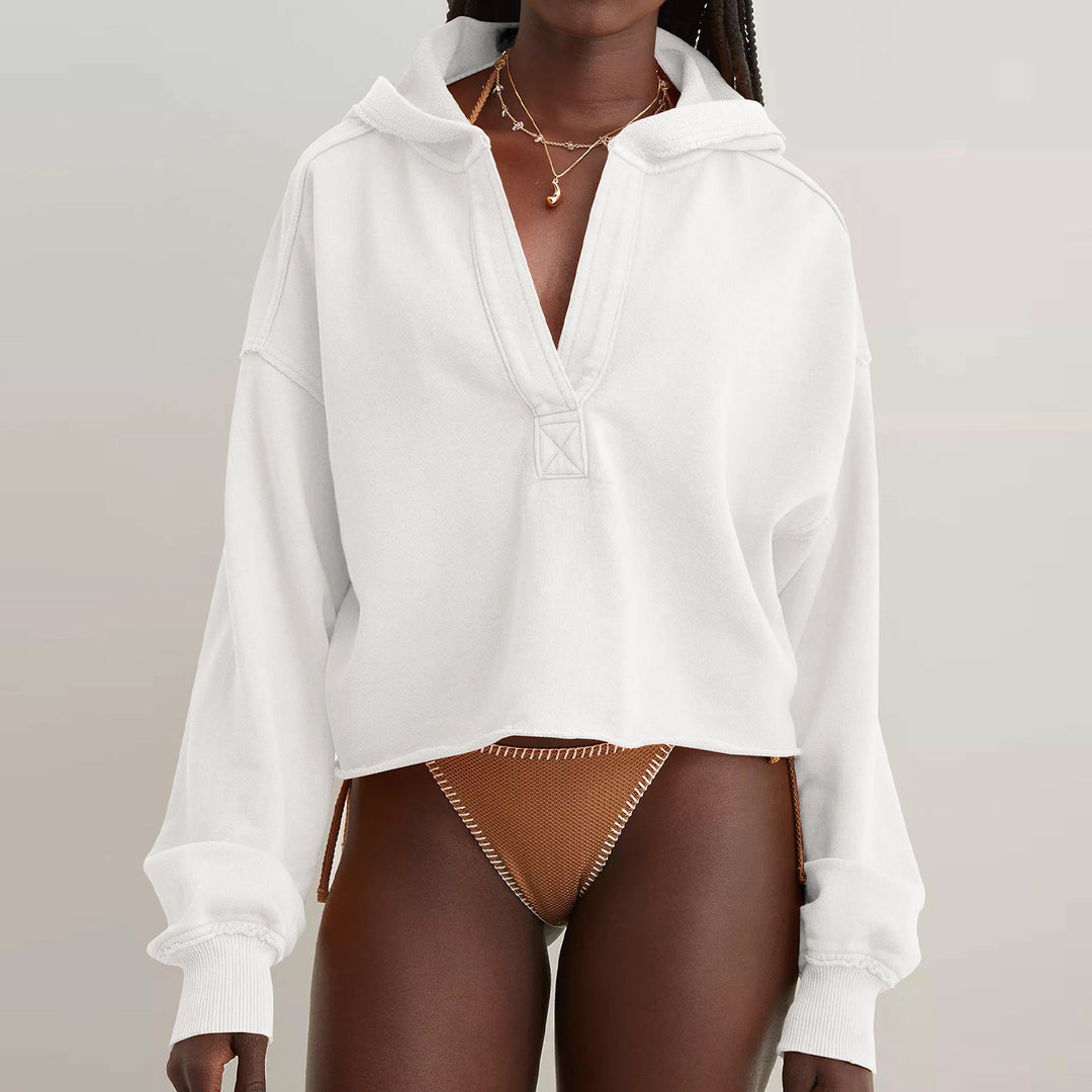 Women Oversize Hooded Sweatshirt with Deep V-Neck, Open Placket and Raw Hem Mune Fashion