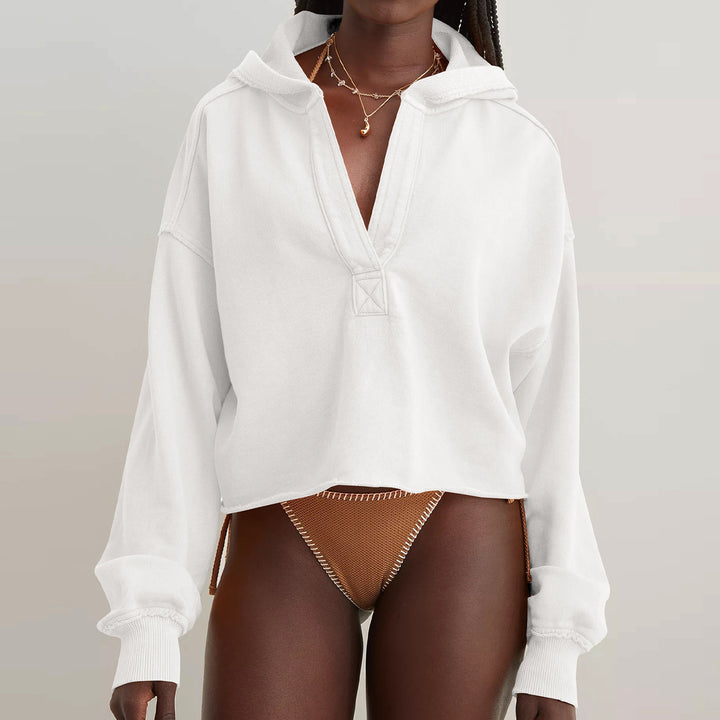 Women Oversize Hooded Sweatshirt with Deep V-Neck, Open Placket and Raw Hem Mune Fashion