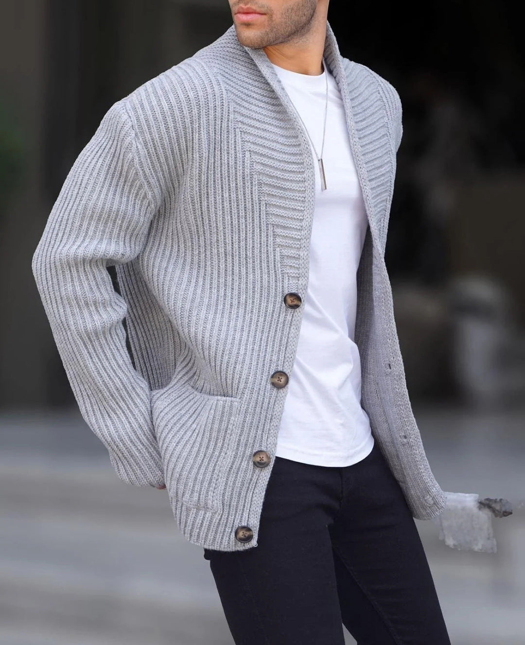 Men's Cardigan with Deep Neckline and Buttons Mune