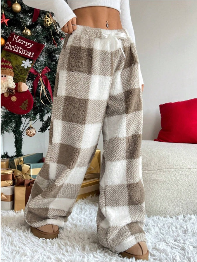 Women's cozy checked fleece pants with drawstring waistband and wide leg Mune Fashion