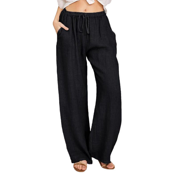 Women's Wide Linen Look Pants with Elastic Waistband, Drawstring and Side Pockets Mune Fashion
