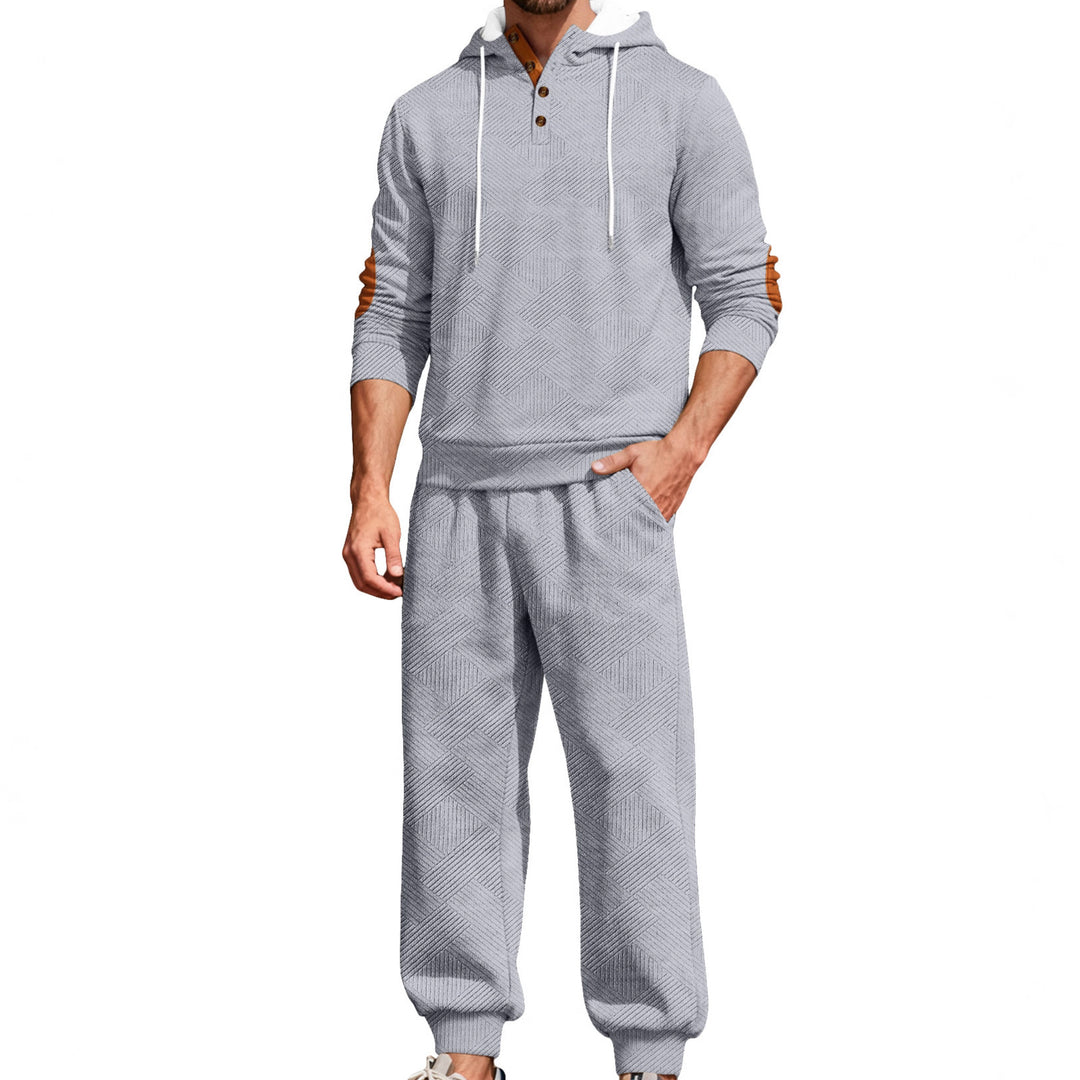 Men's textured hoodie jogging set with Henley button placket and contrast elbow patches Mune Fashion