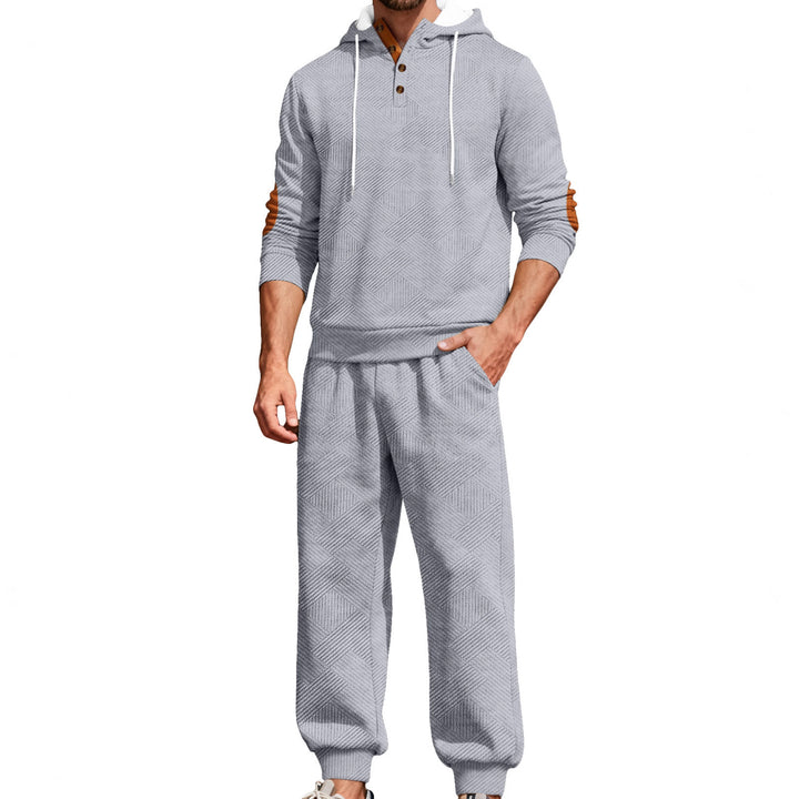 Men's textured hoodie jogging set with Henley button placket and contrast elbow patches Mune Fashion