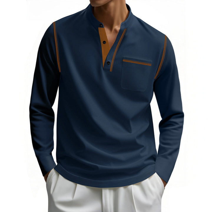 Men's Henley Long Sleeve Shirt with Stand-Up Collar, Chest Pocket and Contrasting Decorative Stitches Mune Fashion