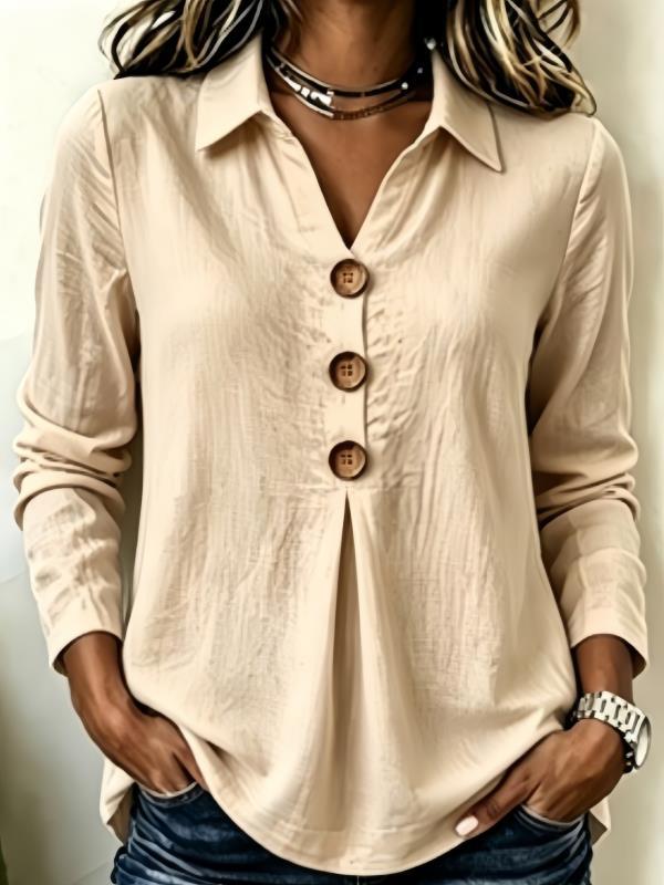 Women's Long Sleeve Shirt Blouse Top with Notched Collar and Decorative Button Placket Mune Fashion